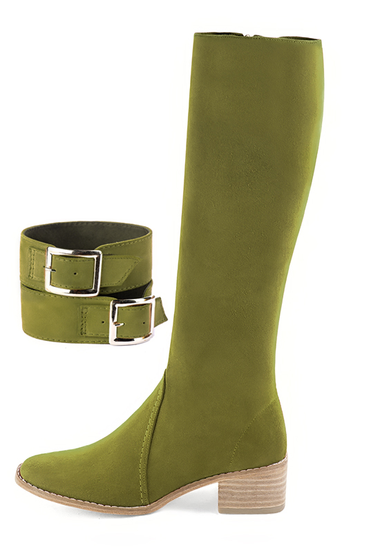 Pistachio green women's calf bracelets, to wear over boots. Top view - Florence KOOIJMAN
